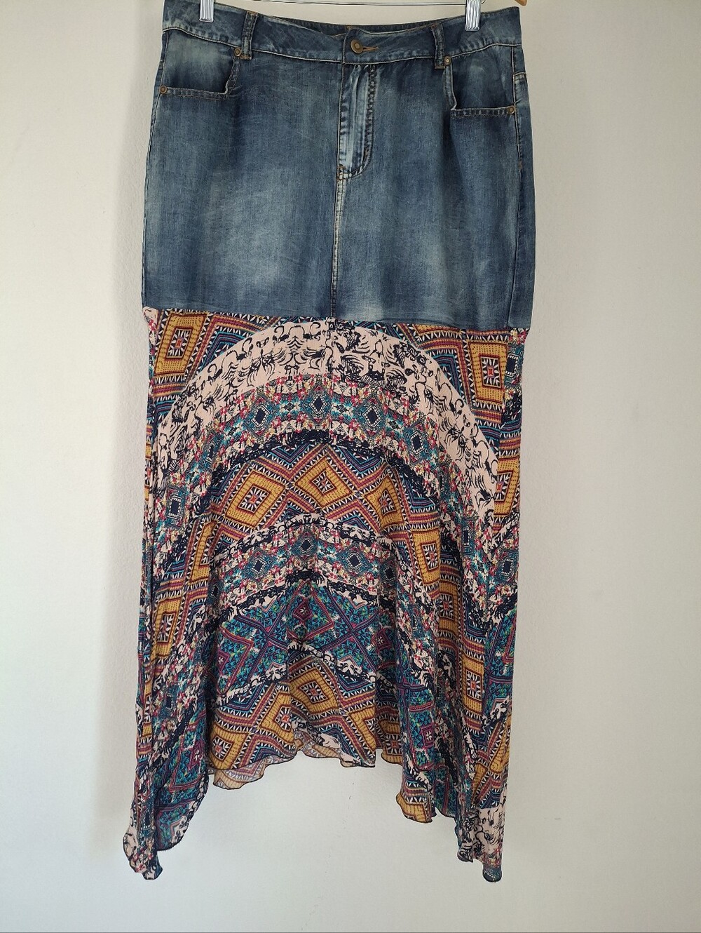Boho Mixed Media Denim Chambray & Multi-color Print Assymetrical Midi Skirt